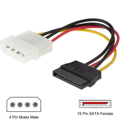 6" 4-Pin Molex Male To 15-Pin SATA Female Power Cable
